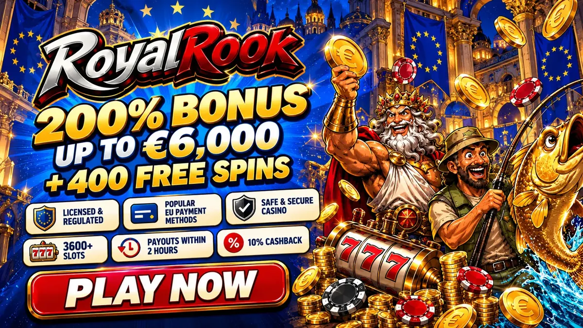 RoyalRook welcome bonus banner: 200% bonus up to €6,000 plus 400 free spins